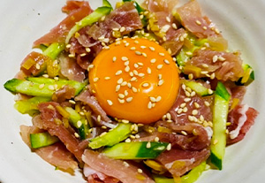 生ハムでユッケ風×しょうがフレーク